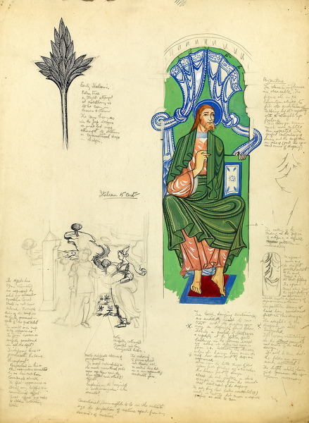 Artist Alan Sorrell: Sheet of studies of an illustminated manuscript