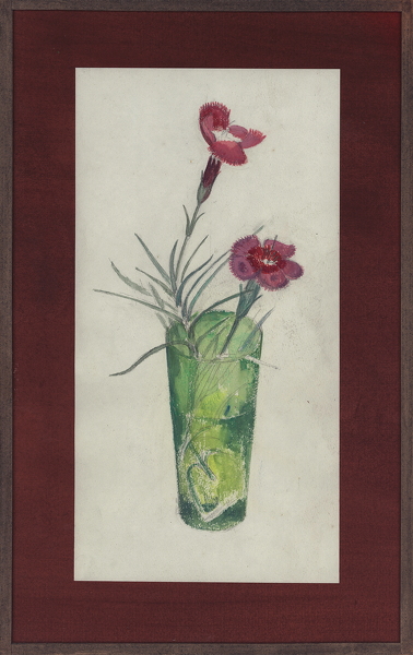Artist Reginald Brill (1902 - 1974): Two pink Carnations in a green glass, crica 1950