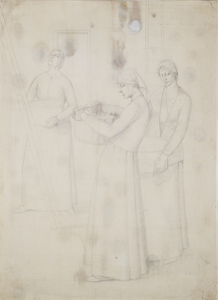 Artist Winifred Knights: Study for Design for Wall Decoration - Three Women Bearing Baskets of Apples, circa 1918