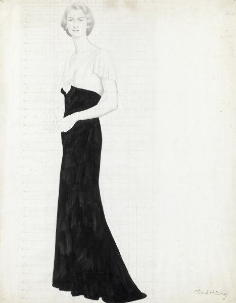 Artist Edward Irvine Halliday (1902-1984): Full length portrait of a woman standing, three quarter view, black evening dress, circa 1935