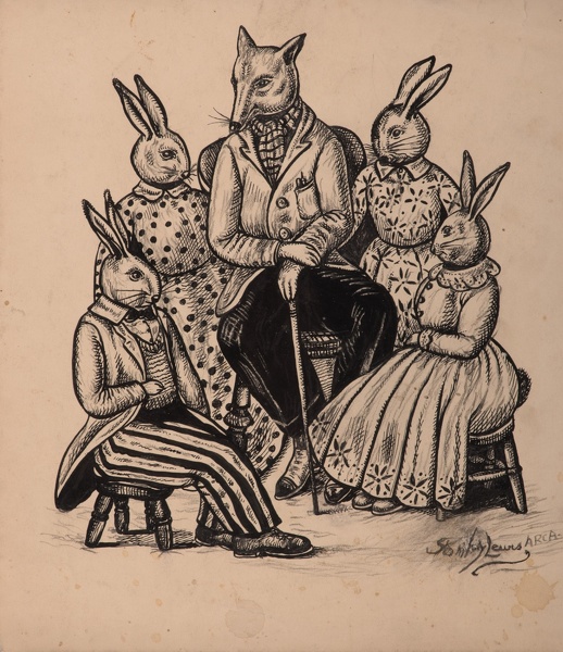 Stanley-Lewis: Seated-fox-surrounded-with-rabbits,-circa-1950
