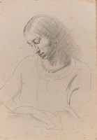 Artist Arnold Mason: Portrait of Winifred Knights wearing a coral necklace, reading, circa 1921