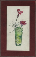 Artist Reginald Brill: Two pink Carnations in a green glass, crica 1950