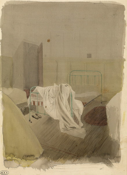 Artist Robert Austin (1895-1973): Attic Room, Lingard House, with unmade bed, 1930s