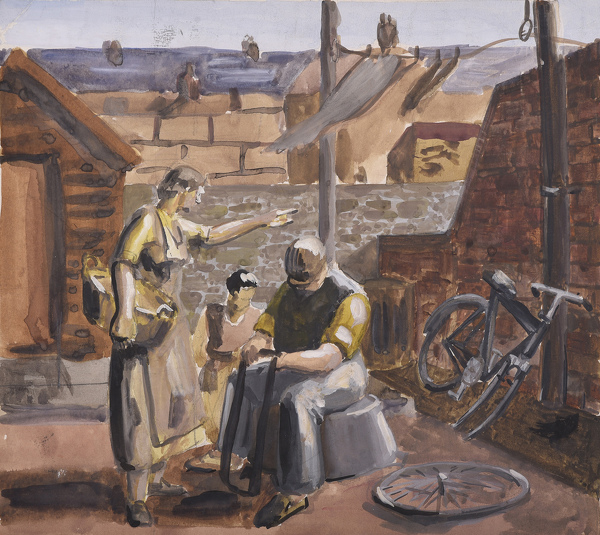 Artist Stanley Lewis (1905 - 2009): In the back yard, mending a puncture, late 1920s