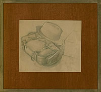 Artist Stanley Lewis: Study for Hyde Park: the Artists Painting satchel and hat
