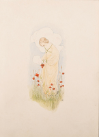 Artist Winifred Knights: Illustration of female figure, picking flowers, c. 1914