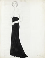 Artist Edward Irvine Halliday: Full length portrait of a woman standing, three quarter view, black evening dress, circa 1935