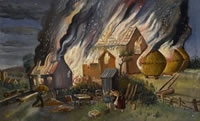 Artist Stanley Lewis: Farmstead on fire,near Llwyn-on , early 1920s